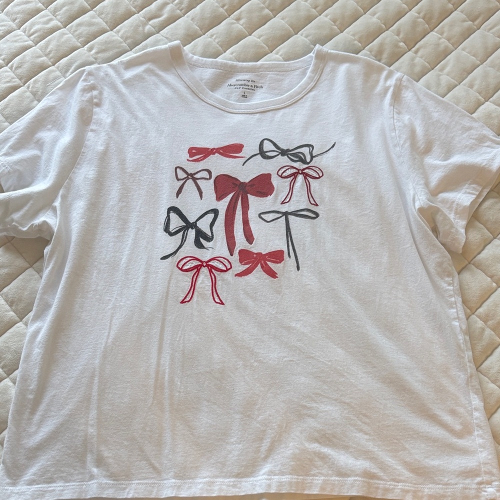 Abercrombie & Fitch White Tee with Red and Black Bow Graphics